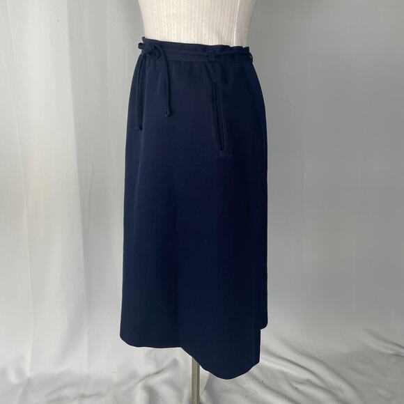 Vintage A Line Midi Skirt Size 14 Navy Blue Belted High Rise Retro Preppy 80s - Picture 7 of 15